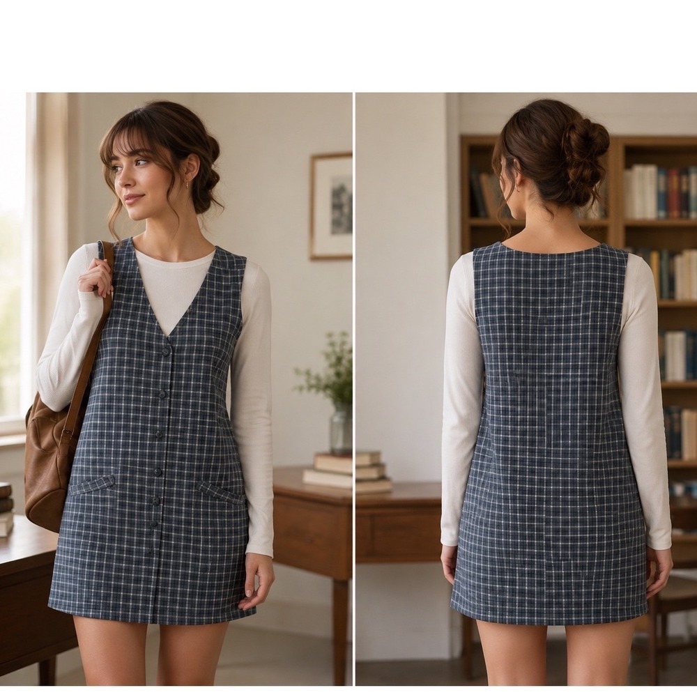 Bonnie Evans Plaid Jumper Dress Large Dark Academia Cottagecore Fall Layering